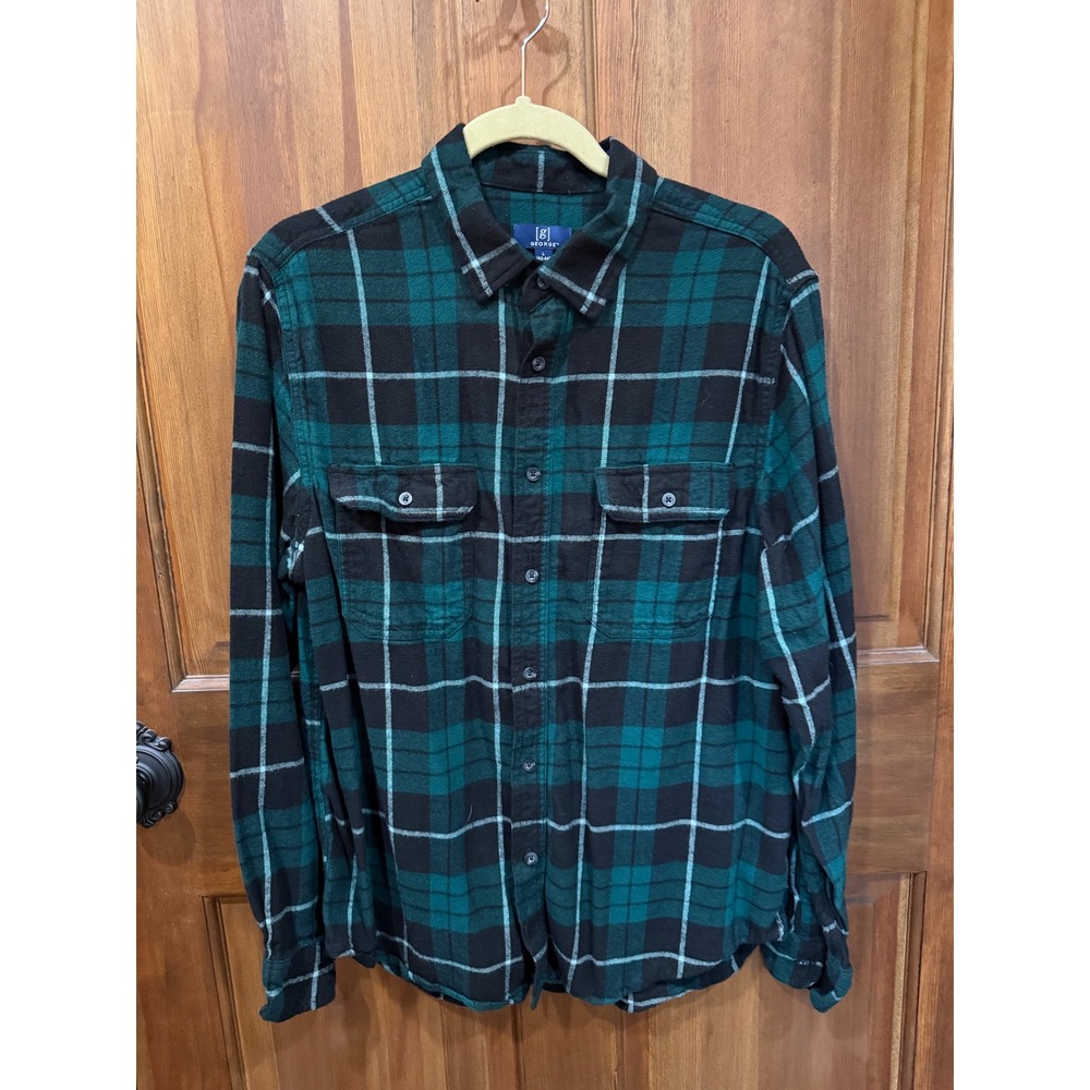 George Men's Long Sleeve‎ Plaid Flannel Shirt Size Large Green Black